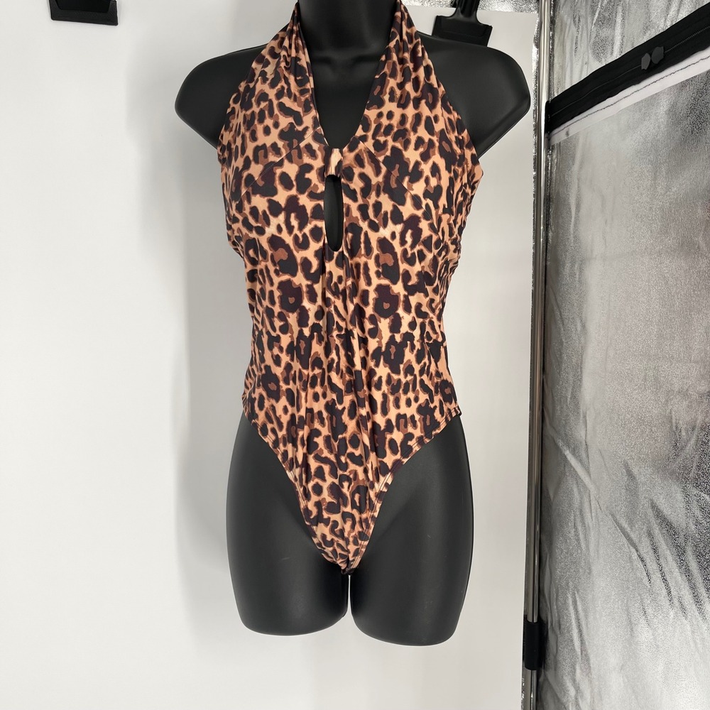 CUPSHE Leopard Print Halter One Piece Swimsuit Brown Black Nylon Spandex Size M